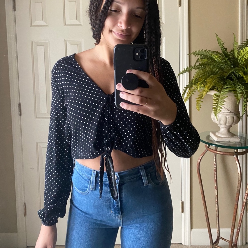 Wild Fable Polka Dot Long Sleeve Front Tie Top